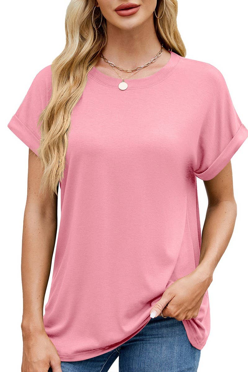 CWTBLS1728_SOLID COLOR ROUND NECK T-SHIRT SHORT SLEEVE TOP