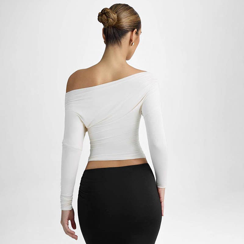 DIAGONAL NECK PLEATED WAIST SOLID COLOR T-SHIRT