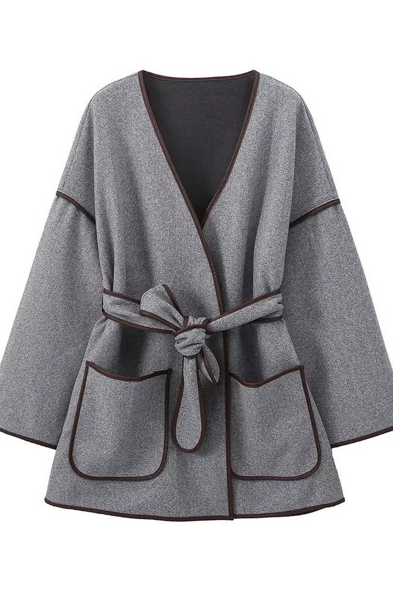 CWOCO1067_LOOSE RETRO GREY BELTED WOOLEN COAT