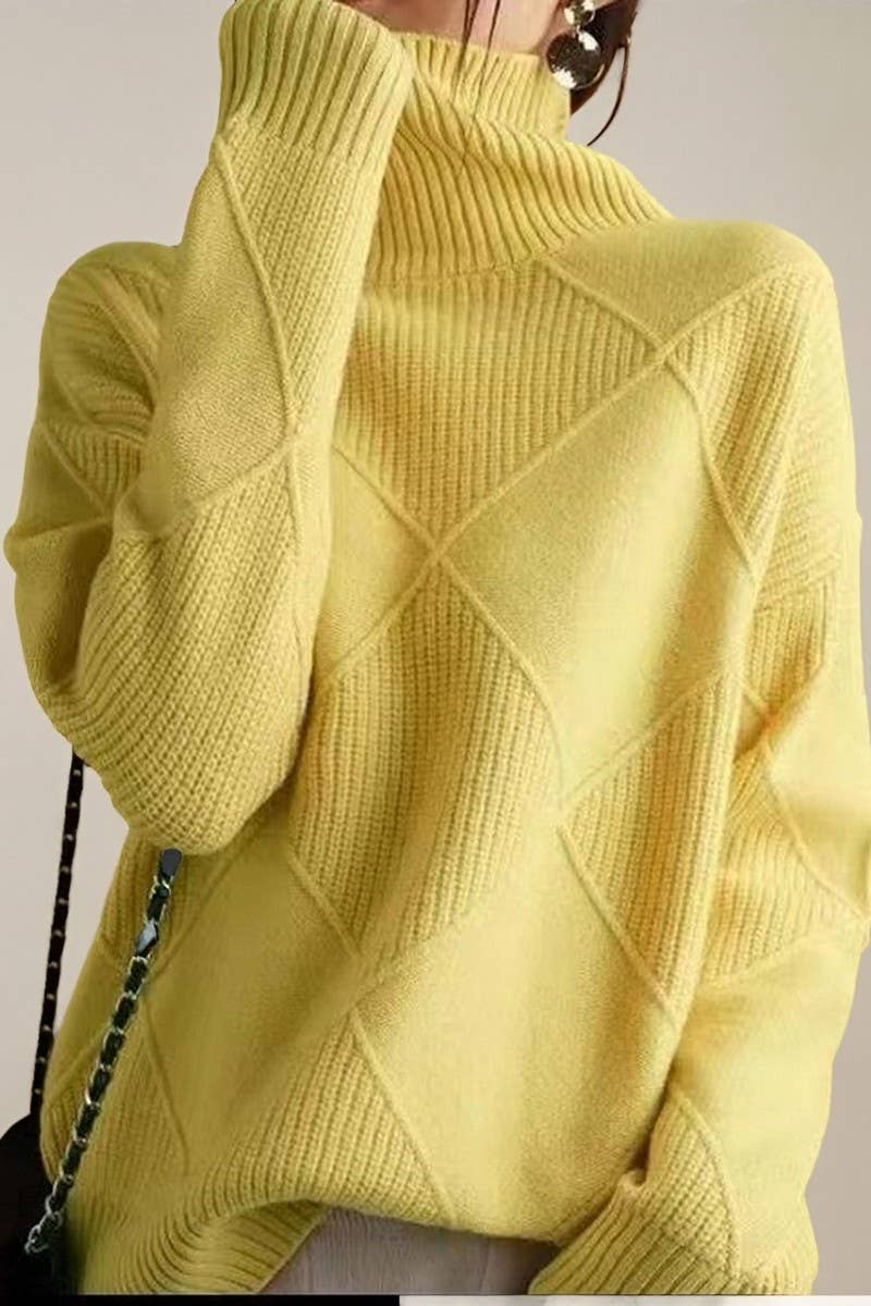 CWOSWL07650_SOLID COLOR HIGH COLLAR DIAMOND CHECK SWEATER