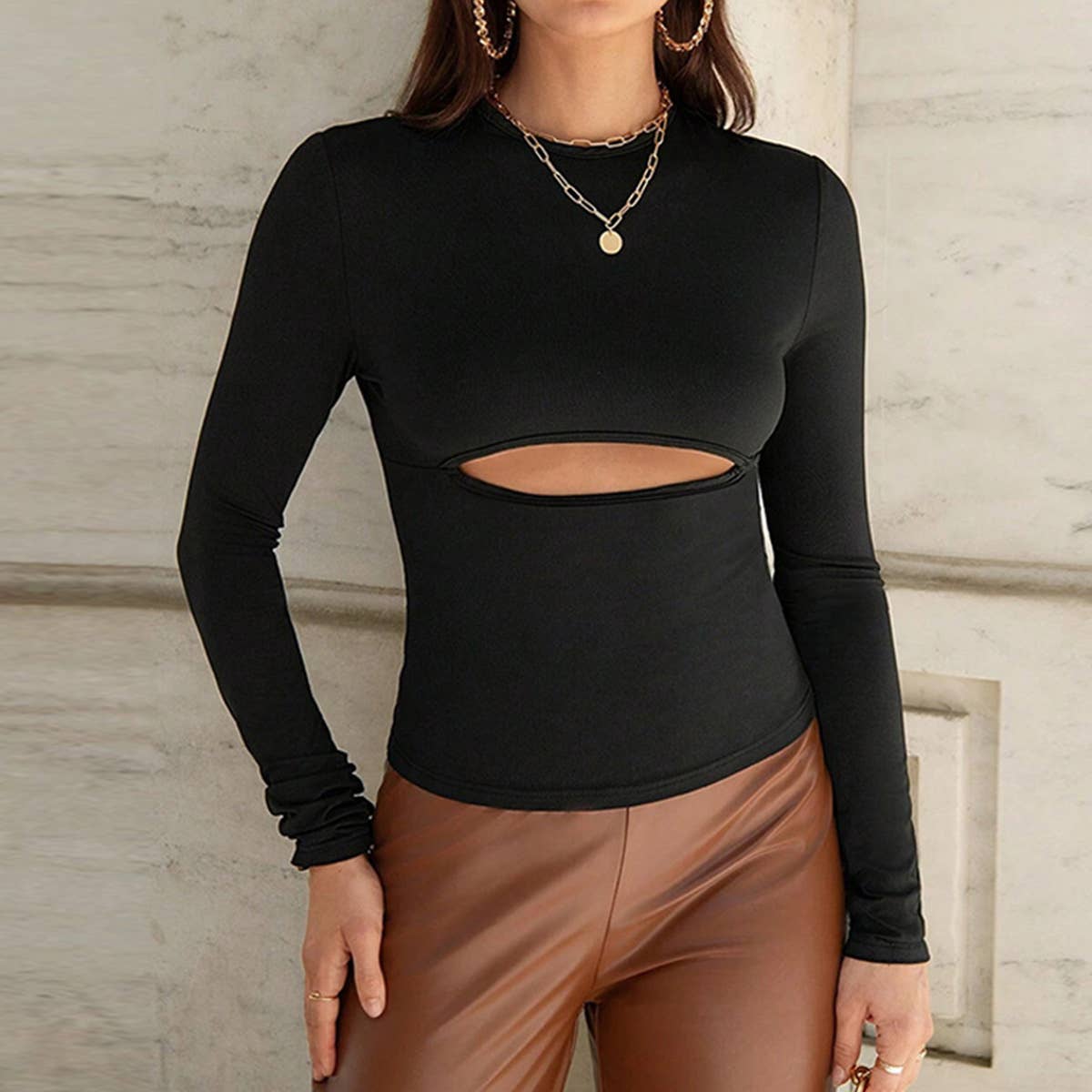 CUT-OUT LONG SLEEVE SEXY STRETCH STRETCH T-SHIRT