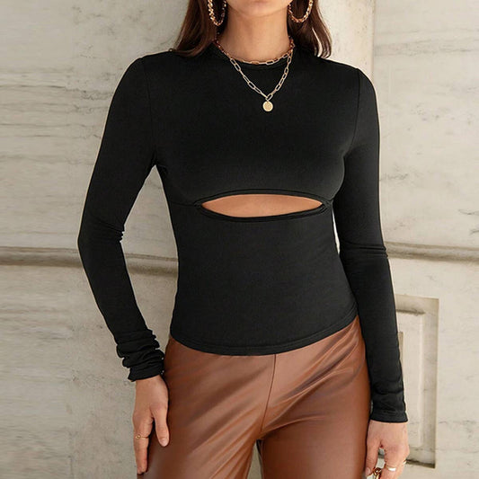 CUT-OUT LONG SLEEVE SEXY STRETCH STRETCH T-SHIRT