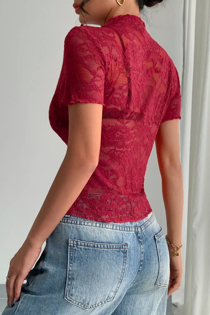 CWTBLS2103_SHEER LACE RUFFLE SLIM FIT MOCK NECK TOP