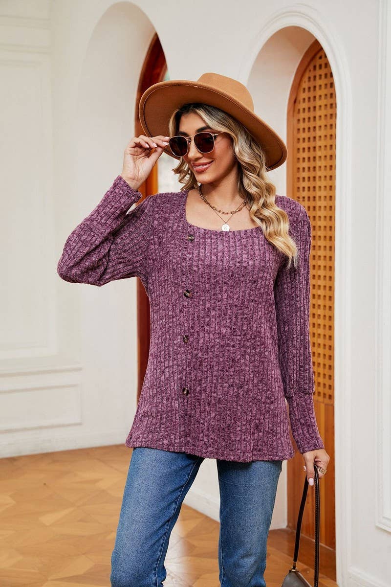 CWTBLL2372_SQUARE COLLAR BUTTON-DOWN LONG SLEEVE LOOSE TOP