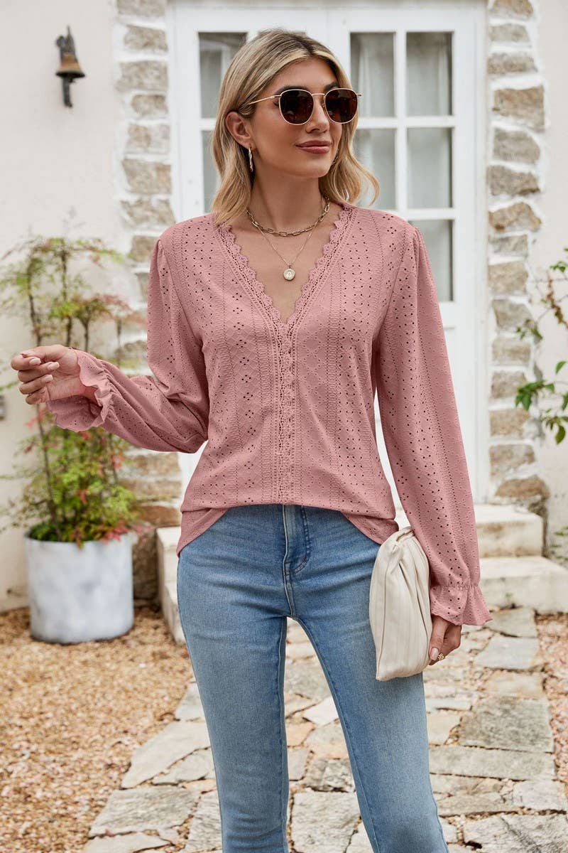 CWTBLL1045_SOLID COLOR V-NECK EYELET LOOSE TOP