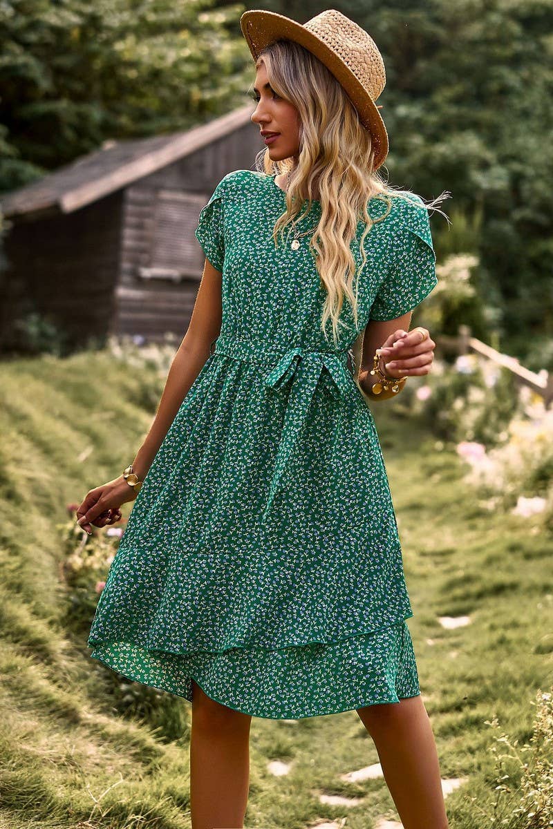 CWDSD2342_Round Neck Short Sleeve Tiered Waist Midi Dress