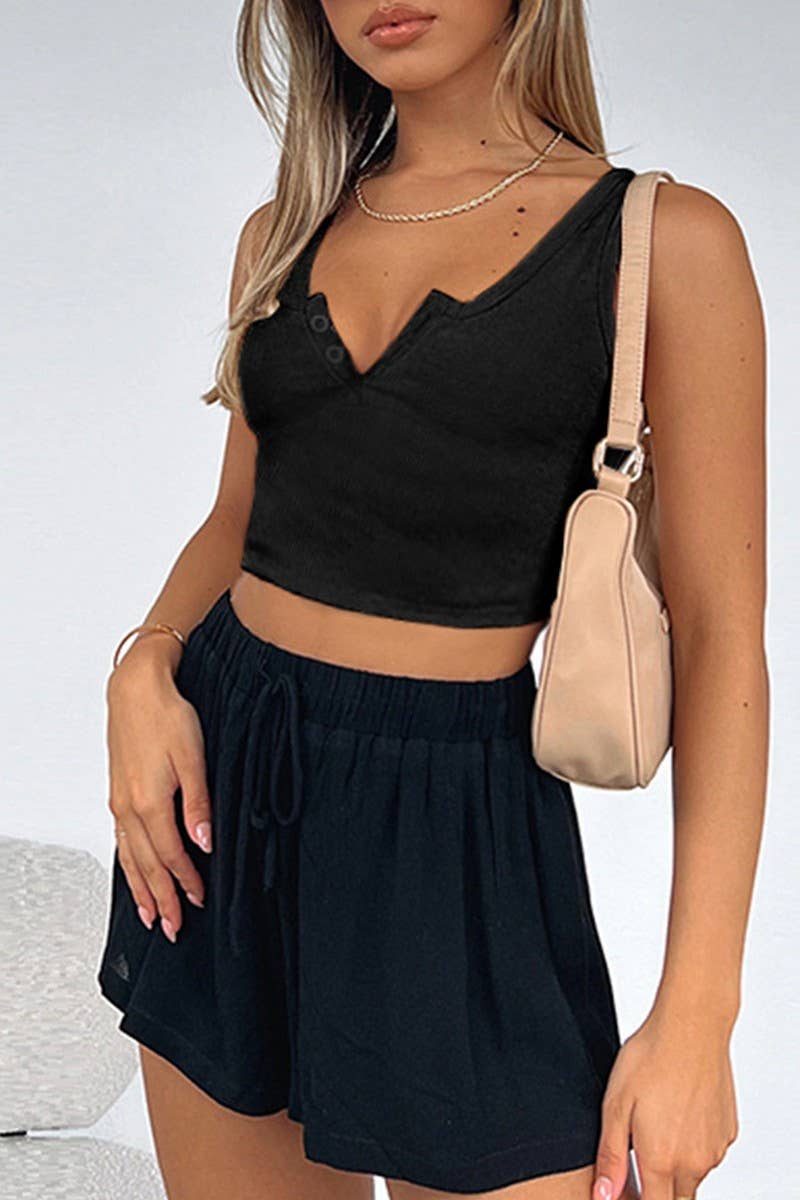 CWTTK0814_RIBBED U-NECK BUTTON CROPPED SLEEVELESS TANK TOP