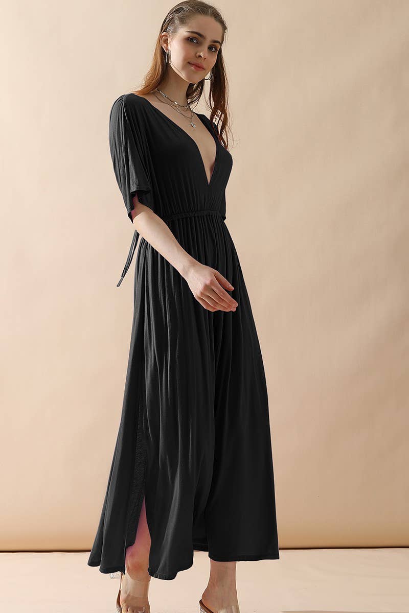 CWDMD825_V NECK BACK BOW TIE EMPIRE MAXI DRESS