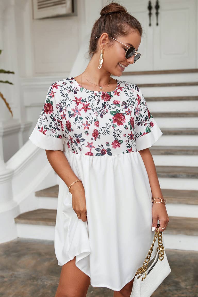 CREW NECK PRINT PATCHWORK LOOSE SHORT DRESS