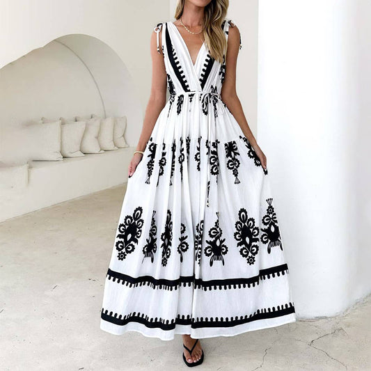 Cinched waist large hem printed V-neck dress