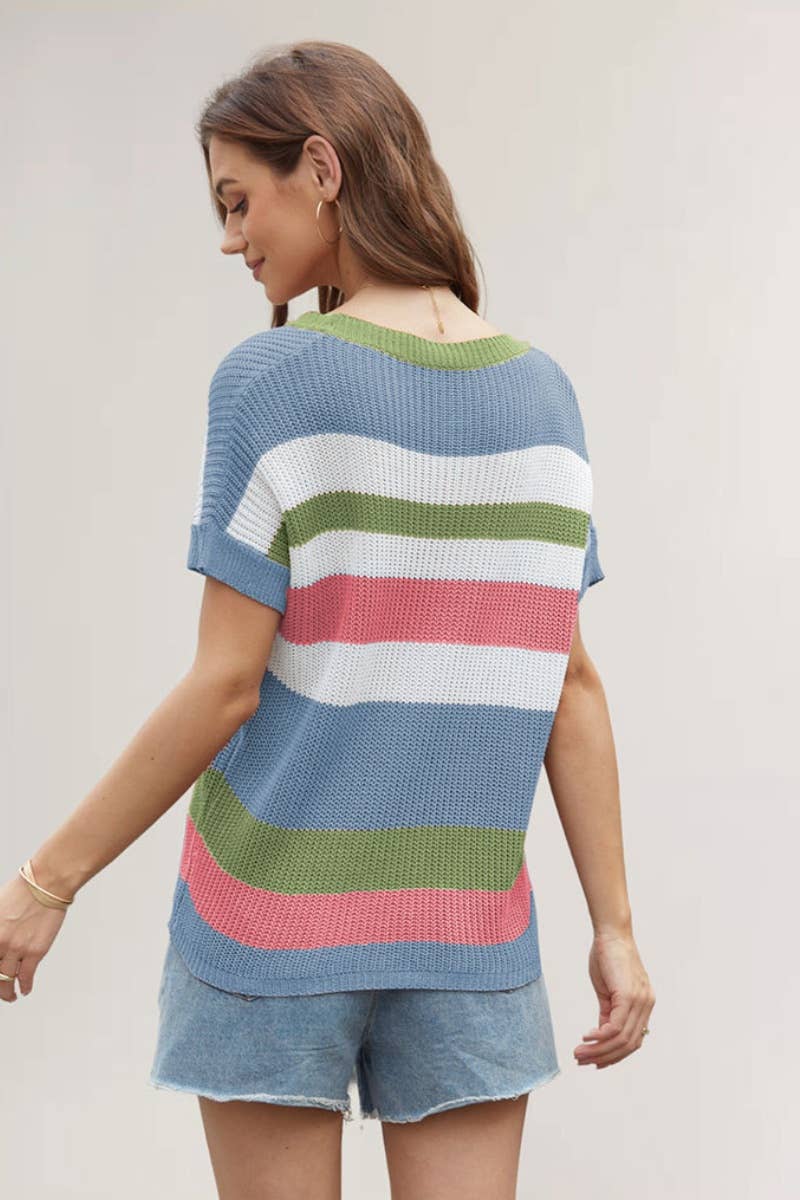CWTBLS0761_CREW-NECK PATCHWORK STRIPED SHORT-SLEEVED TOP