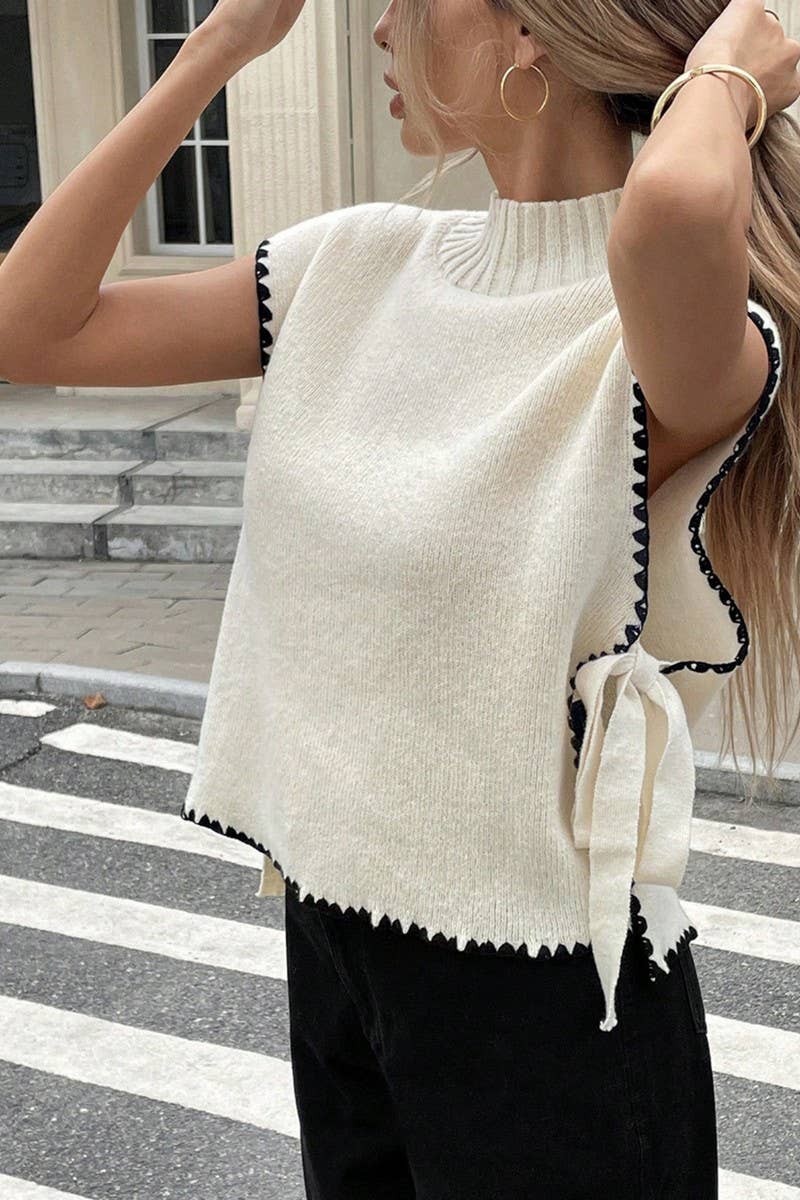 CWOV0714_SUMMER KNIT SLEEVELESS VEST WITH BOW TIE