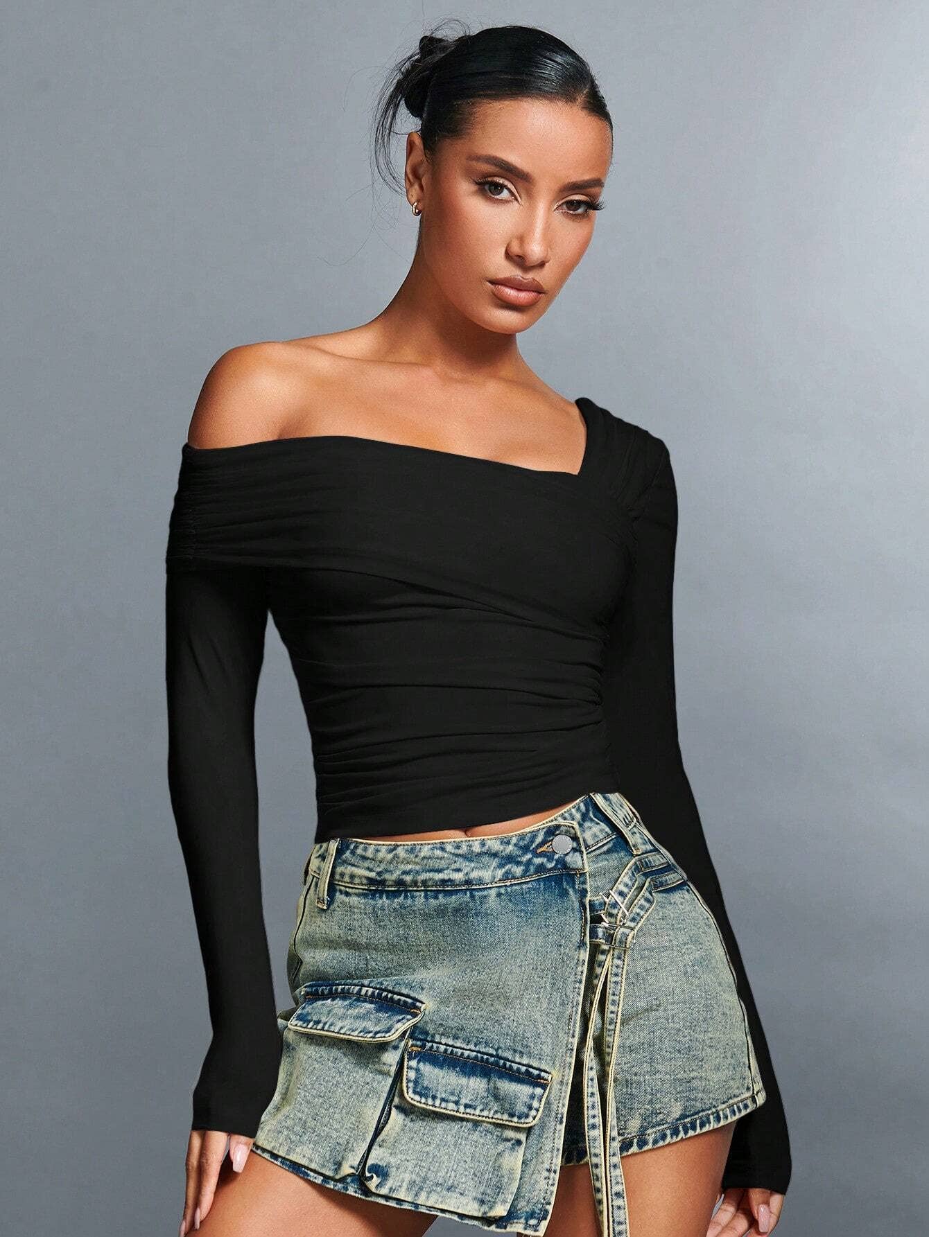 DESIGN SENSE IRREGULAR SQUARE NECK SHORT TOP