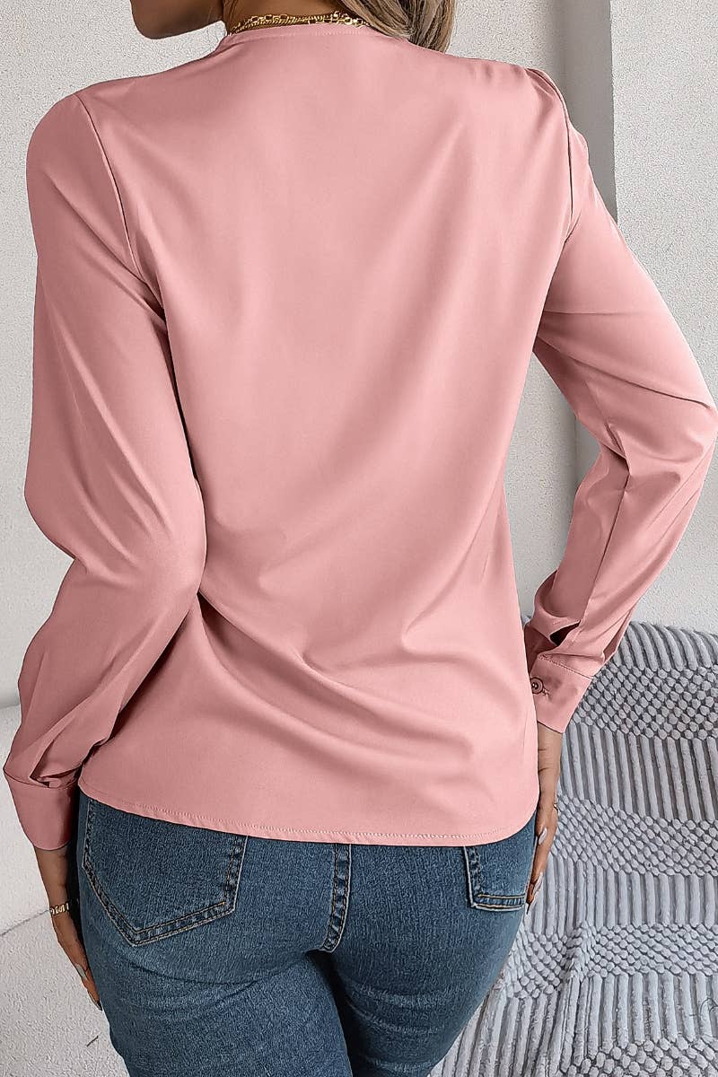 CWTBLL2646_AUTUMN SOLID COLOR V-NECK LONG SLEEVE SHIRT TOP