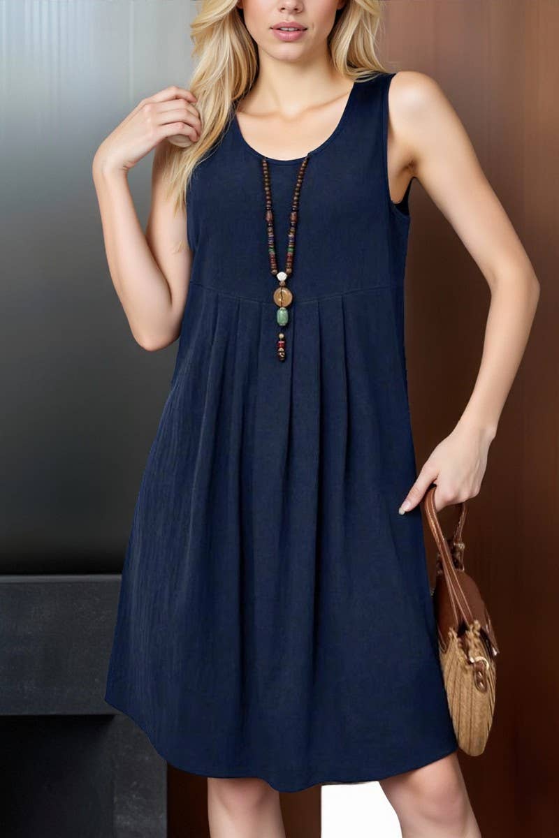 CWDSD10558_SLEEVELESS ROUND NECK CASUAL SOLID COLOR DRESS