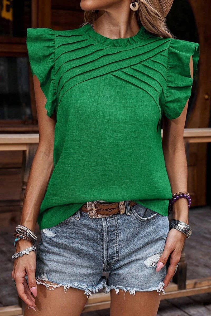 CWTBLSL0634_RUFFLE SLEEVE PLEATED SHORT SLEEVE TOP