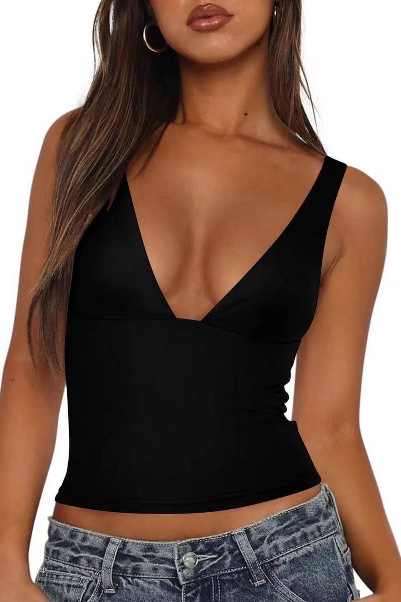 CWTTK1140_V-NECK SLEEVELESS SEXY FITTED CROP TANK