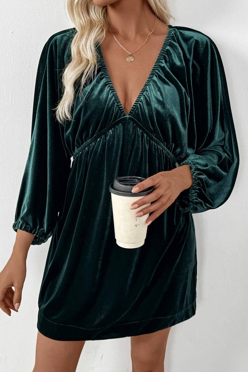 CWDSD10595_LANTERN SLEEVES SHIRRED DEEP V NECK VELVET DRESS