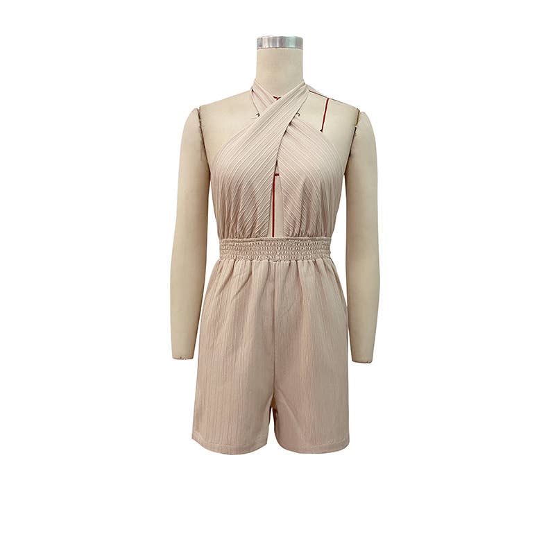 CROSS-NECK BACKLESS SOLID COLOR ROMPER SHORTS