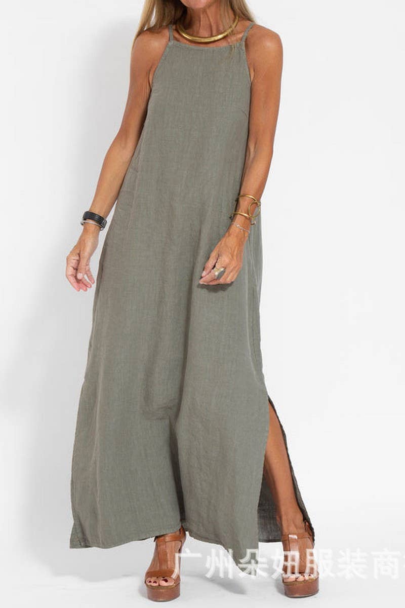 CWDMD01027_CASUAL COTTON AND LINEN SLIT SUSPENDER DRESS