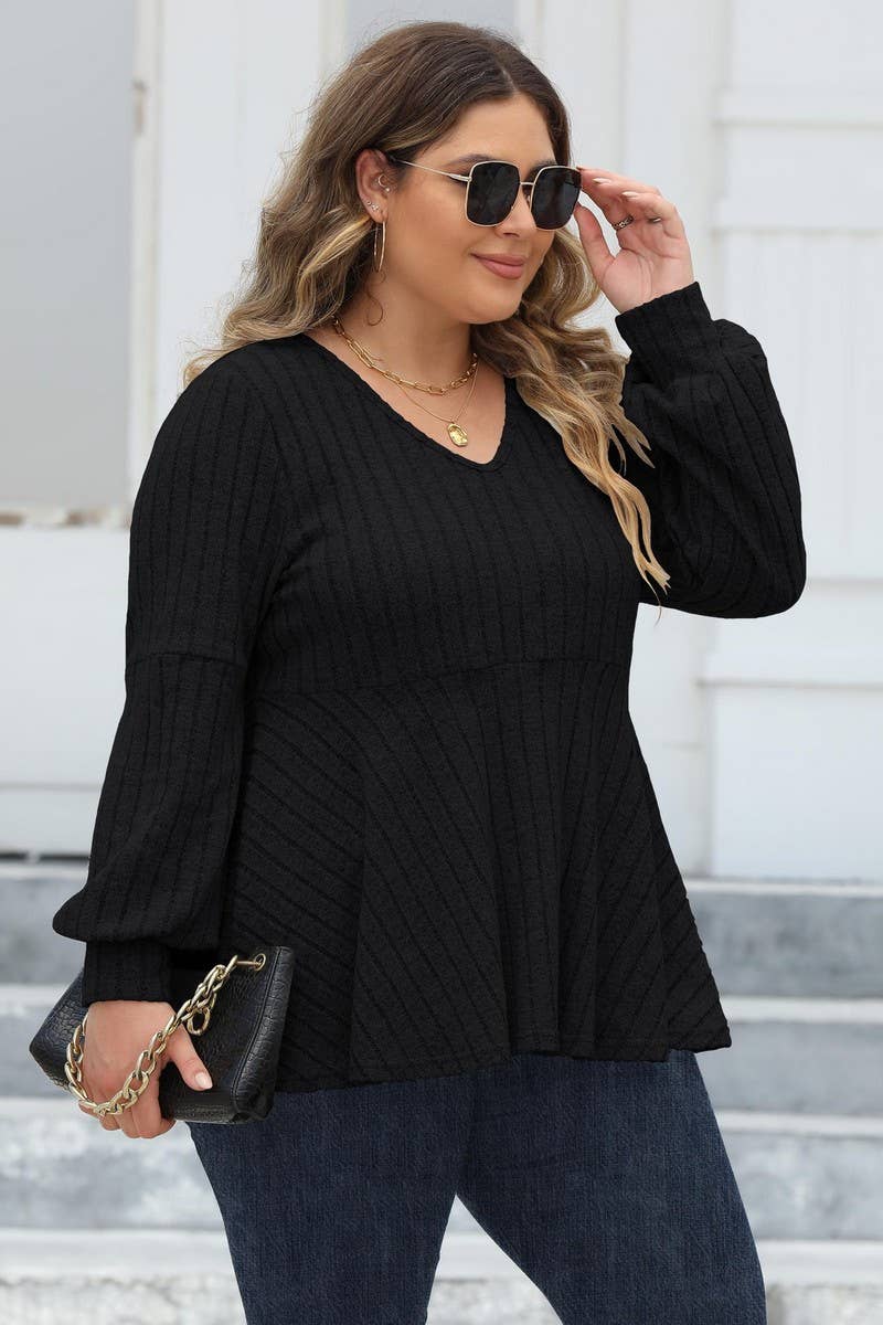 CWTTL1313_PLUS Size V-Neck Long Sleeve Pullover Top
