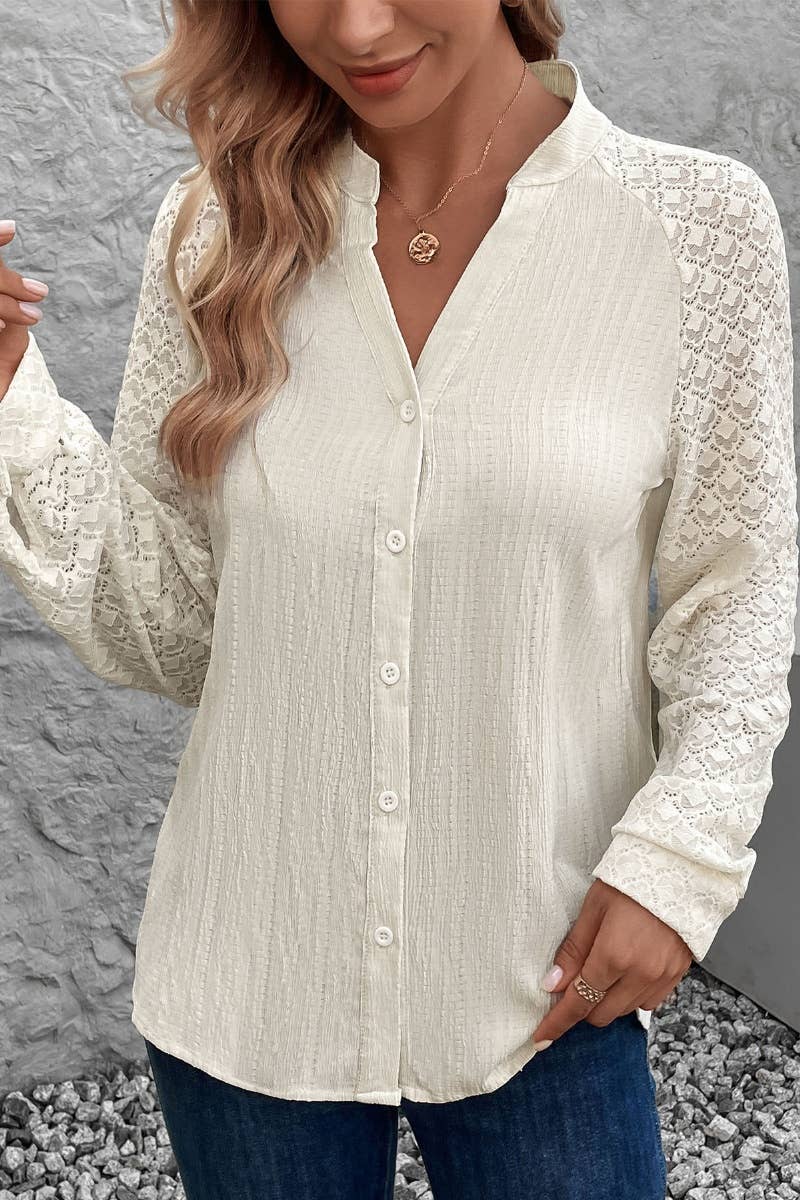 CWTSTL2290_V-NECK LONG SLEEVE LACE PATCHWORK SHIRT TOP