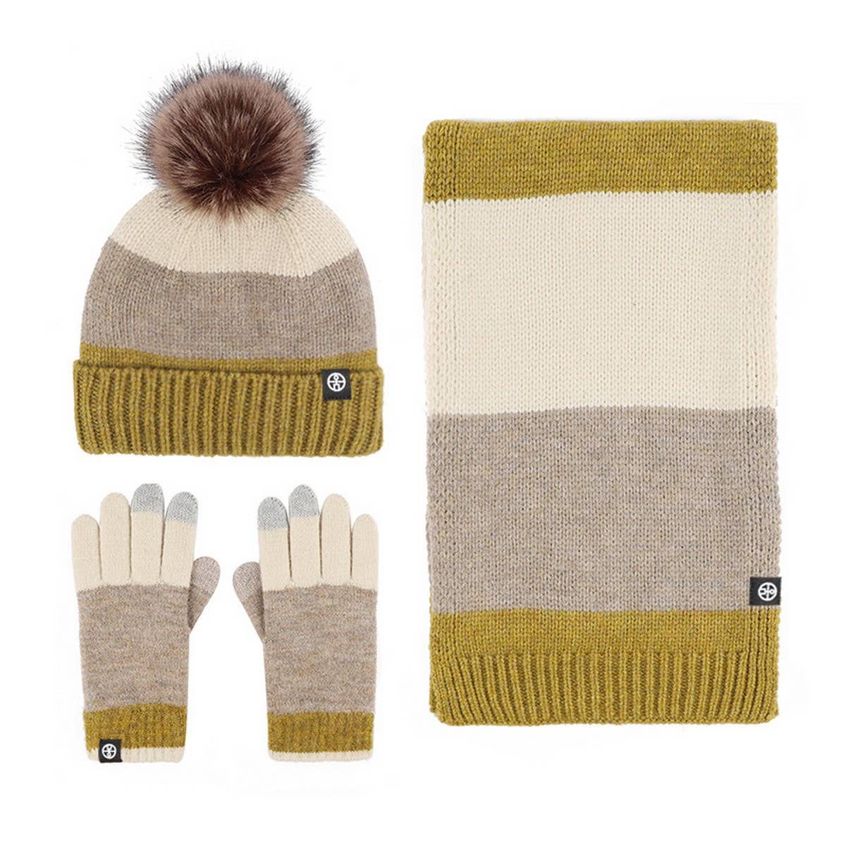 WINTER KNITTED CONTRAST POM POM THREE PIECE SUIT