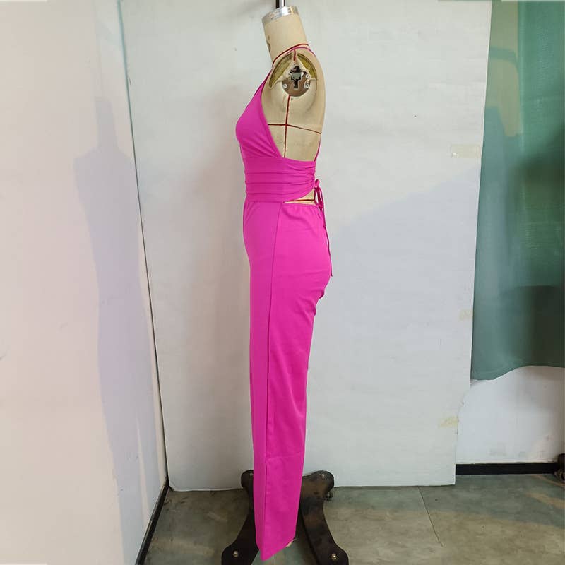 Backless V-Neck Tie Strap Jumpsuit