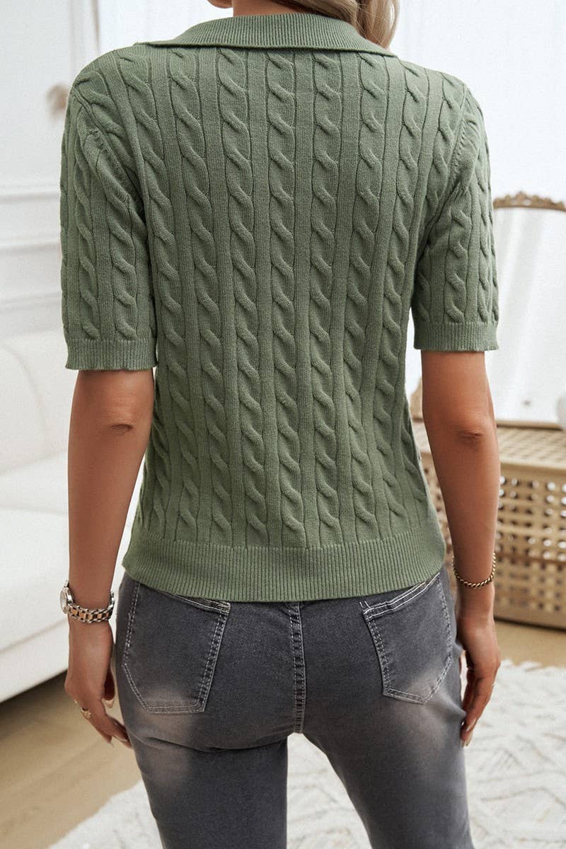 CWOSWS0101_V NECK LAPEL SHORT SLEEVE KNITTED SWEATER