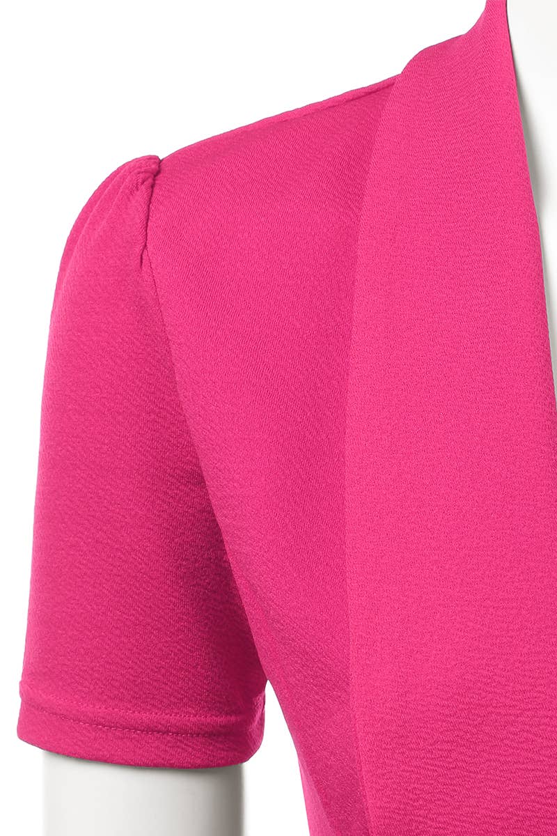 CWOBL095-P_Short Sleeve Open Front Draped Ruffles Blouses