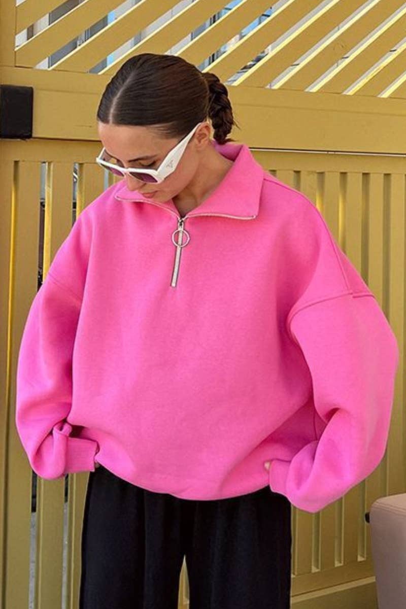 CWTBLL1670_FALL LAPEL ZIP-UP LONG-SLEEVED BAGGY TOP