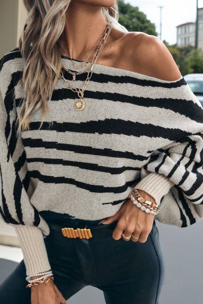 CWOSWL07306_LOOSE ZEBRA COLORBLOCK OFF-SHOULDER BATWING TOP