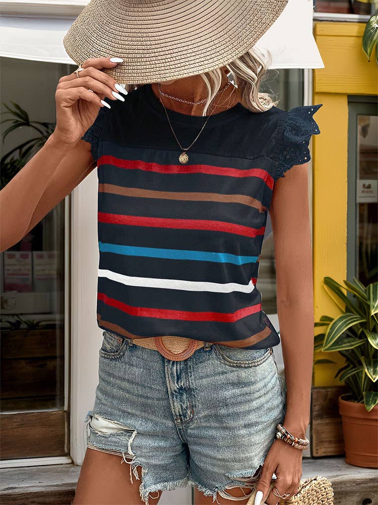 Casual lace striped T-shirt with ruffled sleeves