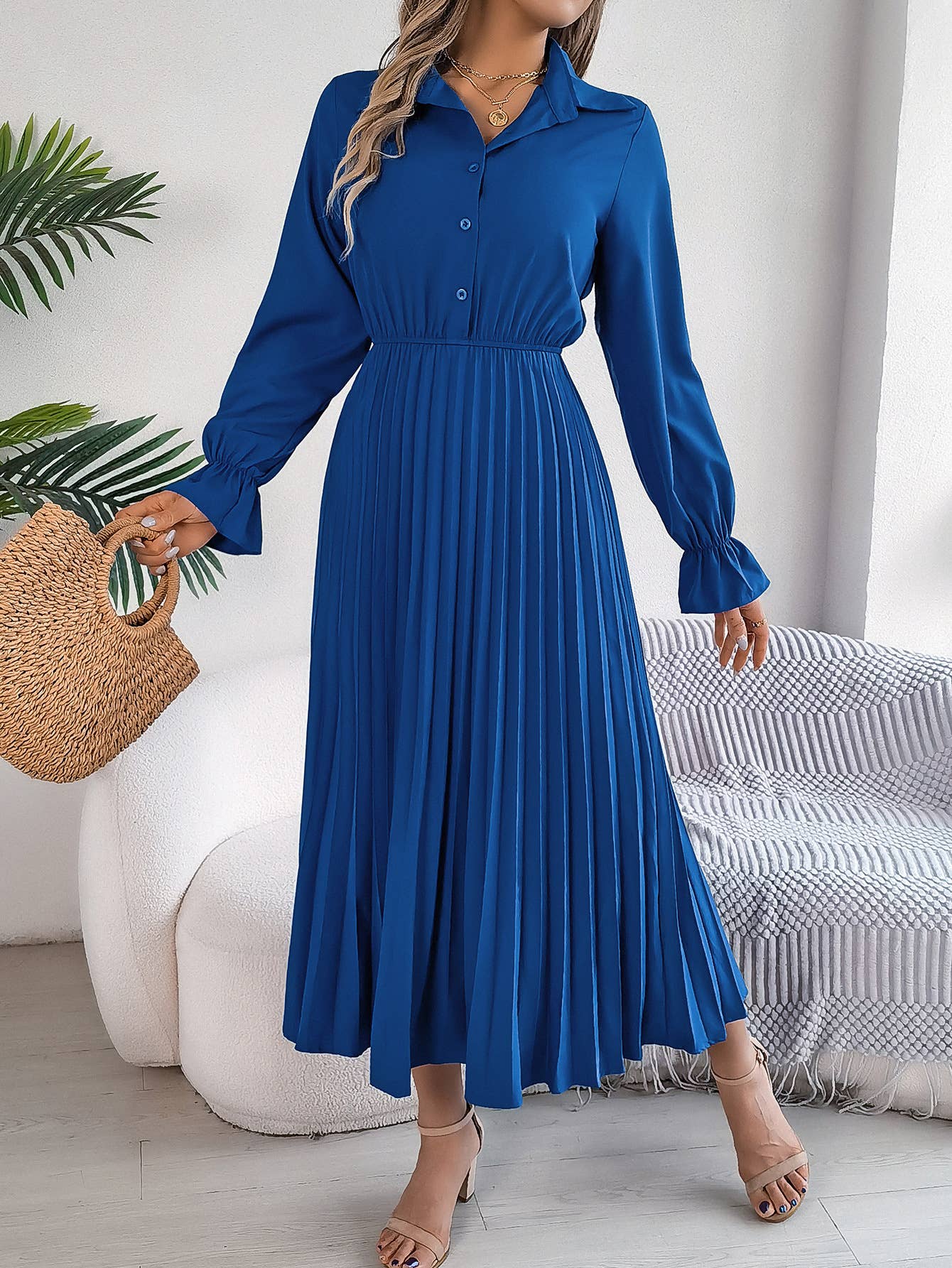 CASUAL LAPEL BUTTON WAIST PLEATED LONG DRESS