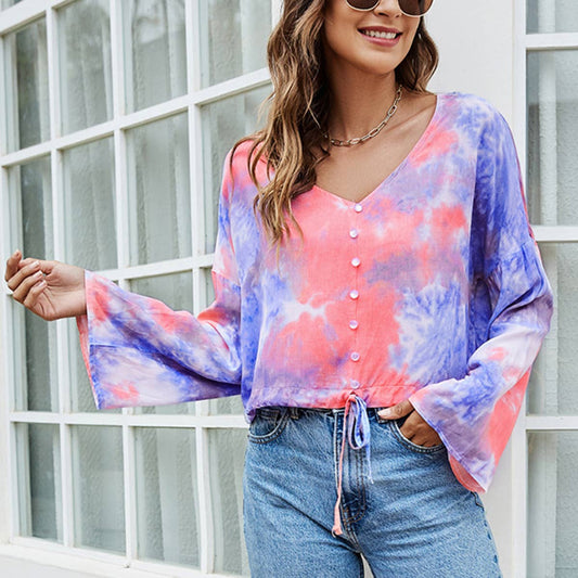 BIG V-NECK TIE-DYE SINGLE BREASTED T-SHIRT