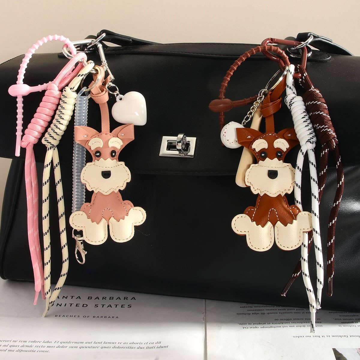 Cute Schnauzer PU Keychain with Heart & Braid