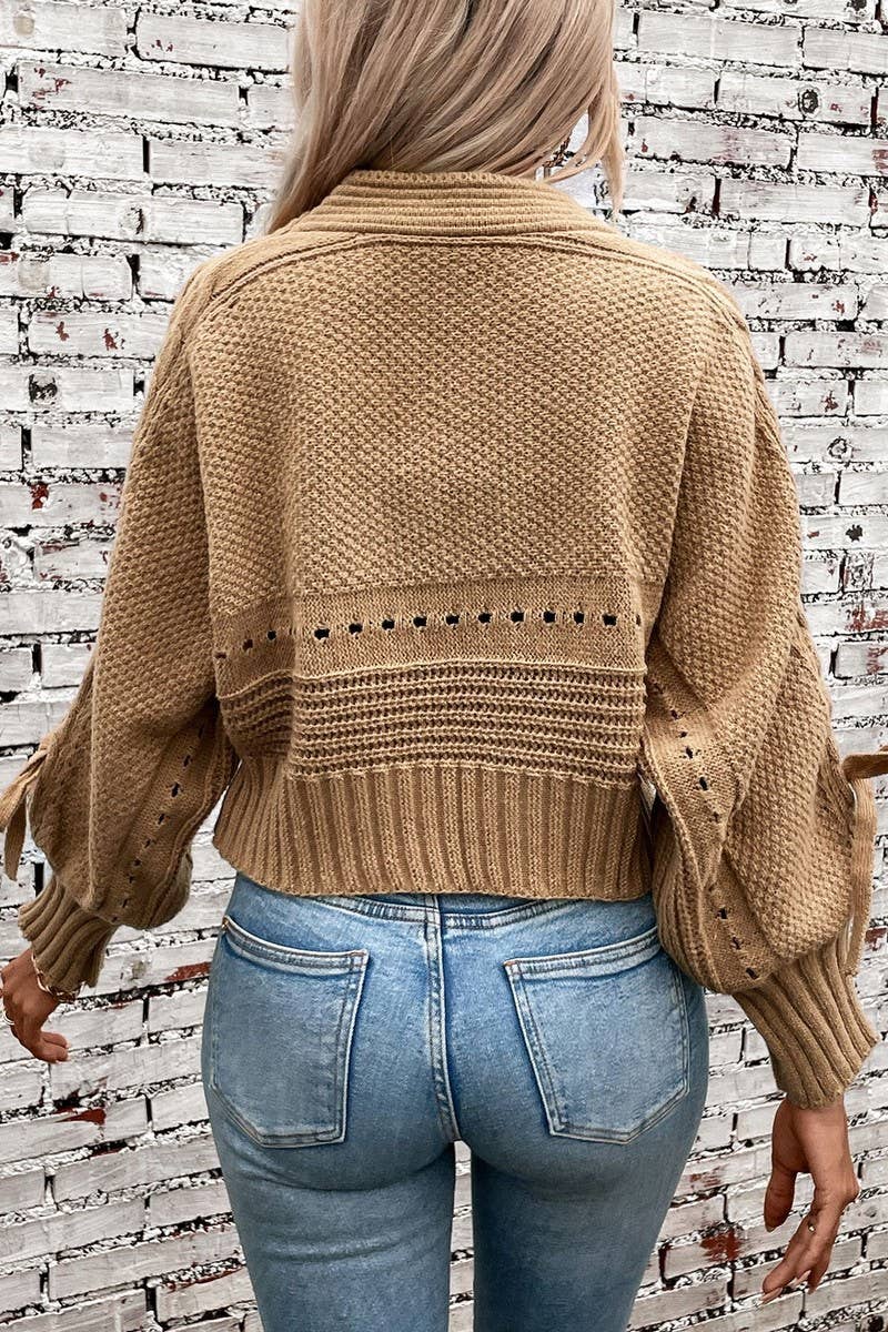 CWOCAL0850_LONG SLEEVE BOW TIE KNIT CARDIGAN SWEATER