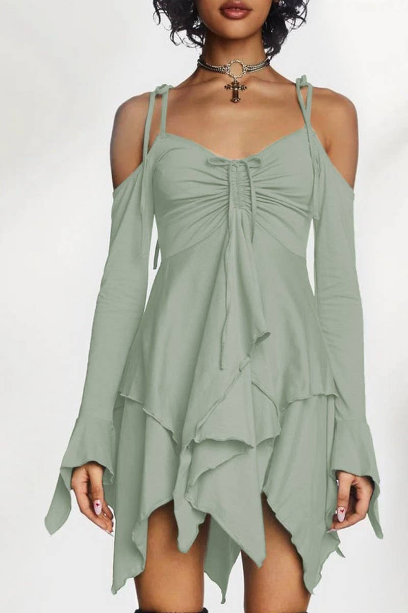 CWDSD7953_ELEGANT RUFFLED OFF-SHOULDER PATCHWORK MIDI DRESS