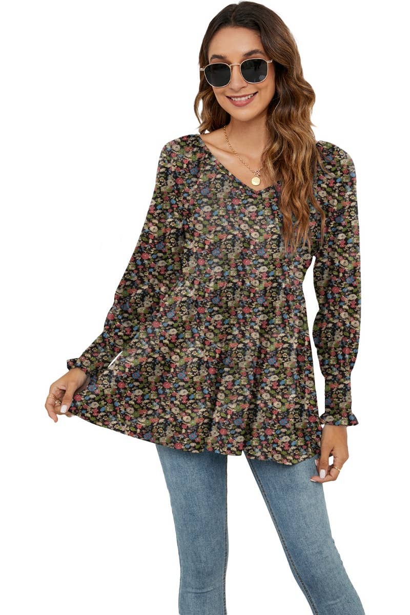 CWTBLL2935_FALL FLOWER BOUQUET WAIST PUFFY SLEEVE TOP