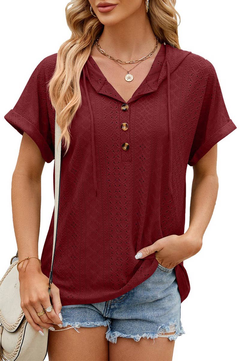 CWTTS1351_SUMMER BUTTON HOODED SHORT-SLEEVED T-SHIRT