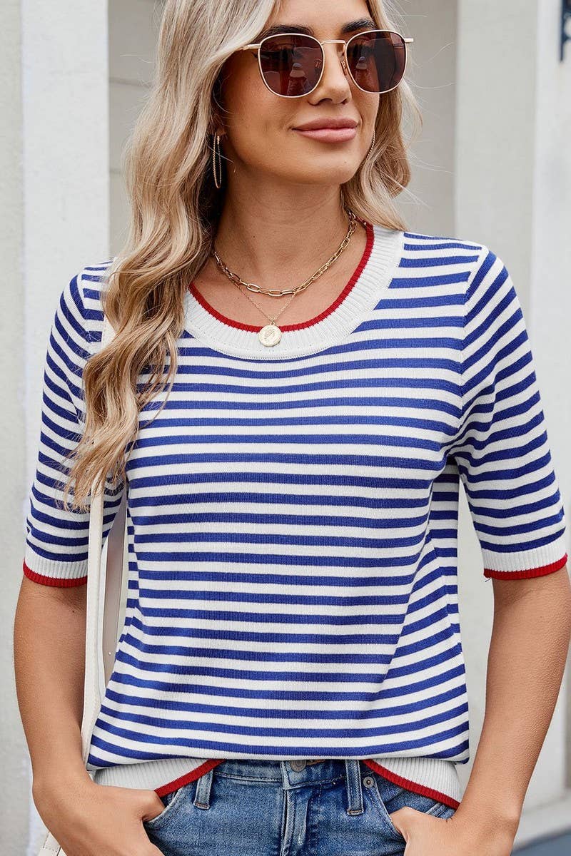 CWTBLS02495_STRIPED KNITTED ICE SILK SHORT-SLEEVED TOP