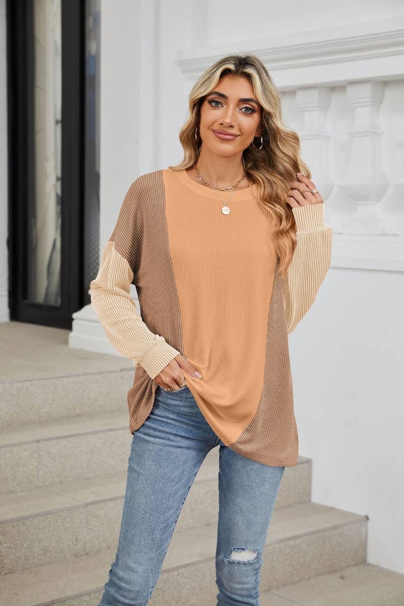CWTBLL2872_CREW-NECK PATCHWORK LOOSE LONG-SLEEVED TOP