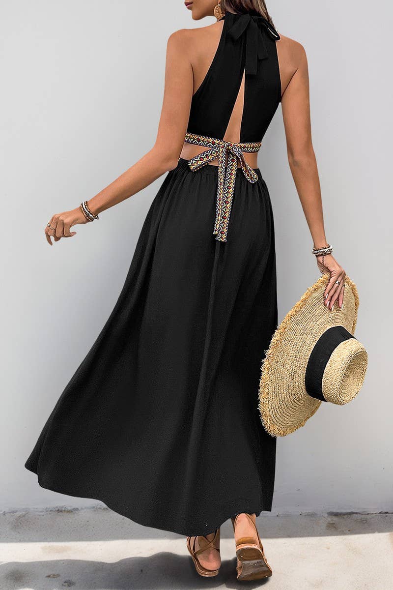 CWDHL0636_HOLLOW SLEEVELESS HOLIDAY STYLE HALTERNECK DRESS