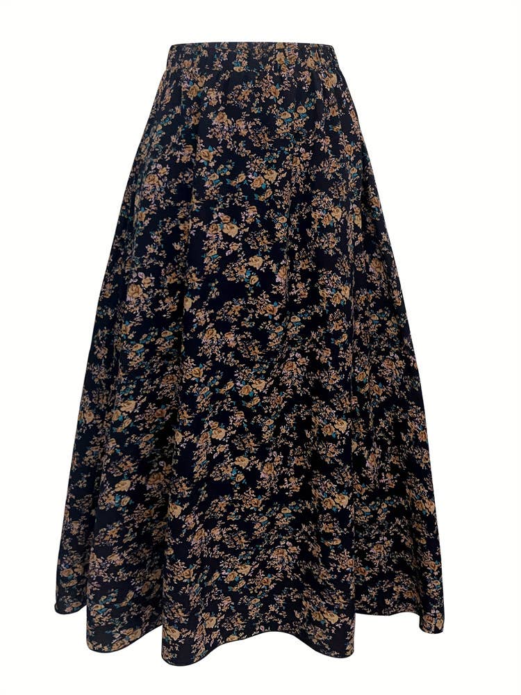 Elastic waist floral print A-line skirt