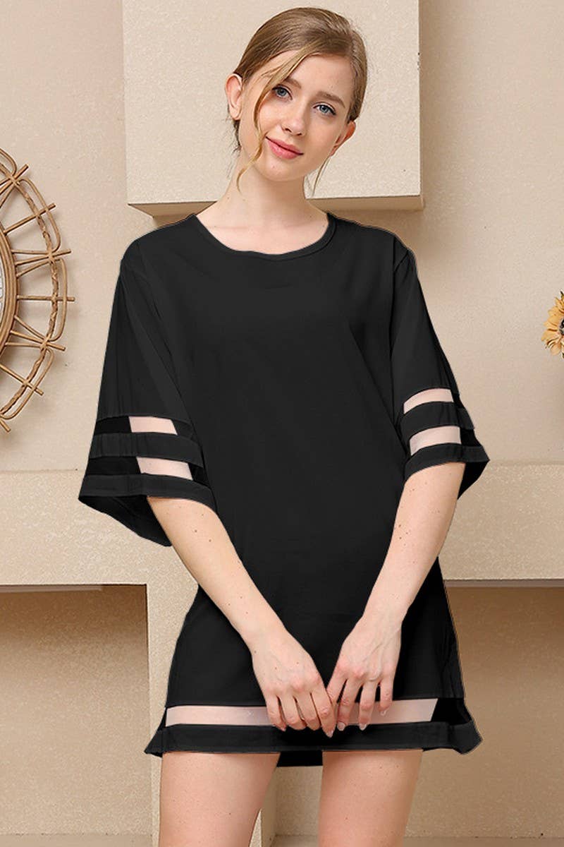 CWDSD7976_CHIFFON MESH PATCHWORK FLARE SLEEVE LOOSE DRESS