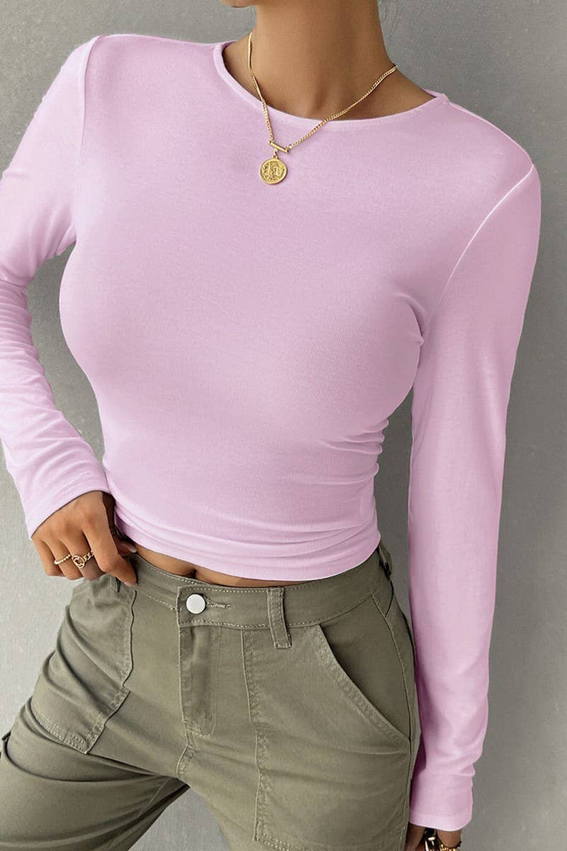 CWTBLL1480_ROUND NECK SOLID COLOR SLIM FIT LONG SLEEVE TOP