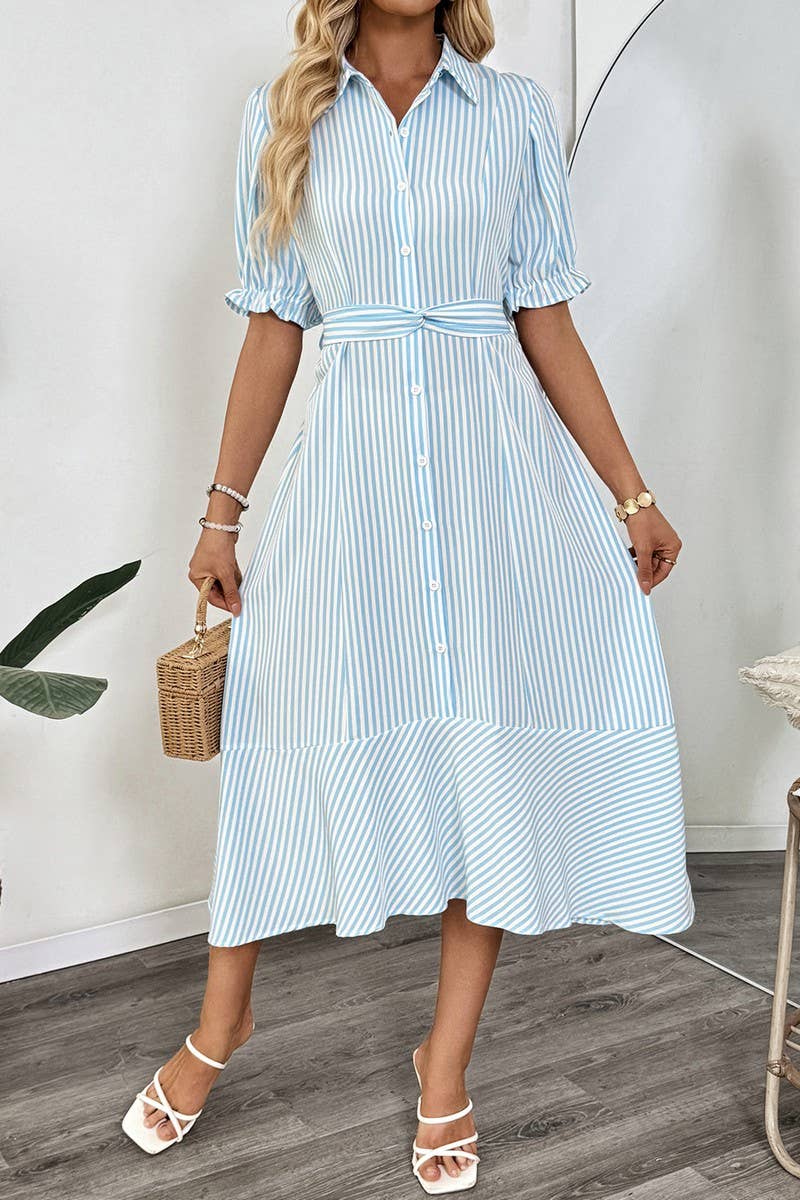 CWDMD5784_STRIPED PUFF SLEEVE COLLAR SUMMER MAXI DRESS