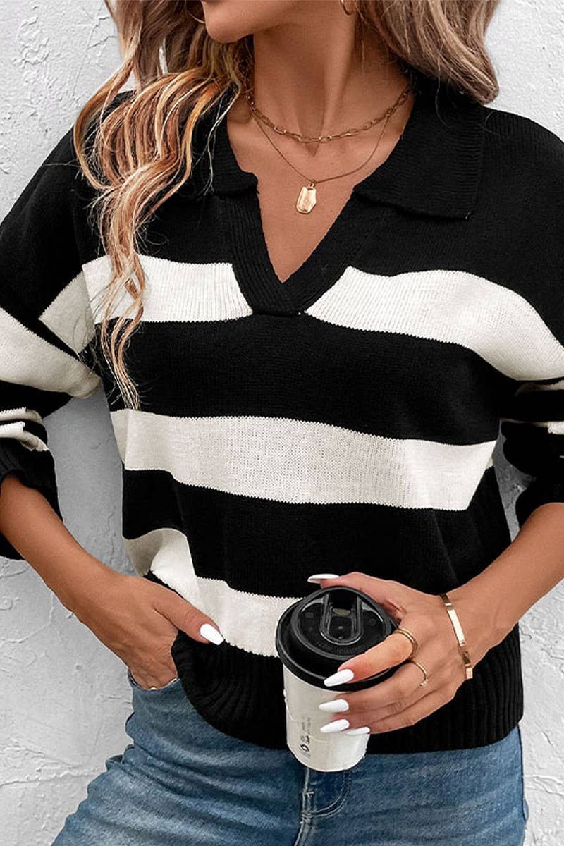 CWOSWL2785_LOOSE BLACK AND WHITE STRIPED LAPEL KNIT TOP