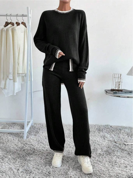 Contrast color sweater trousers two - piece set
