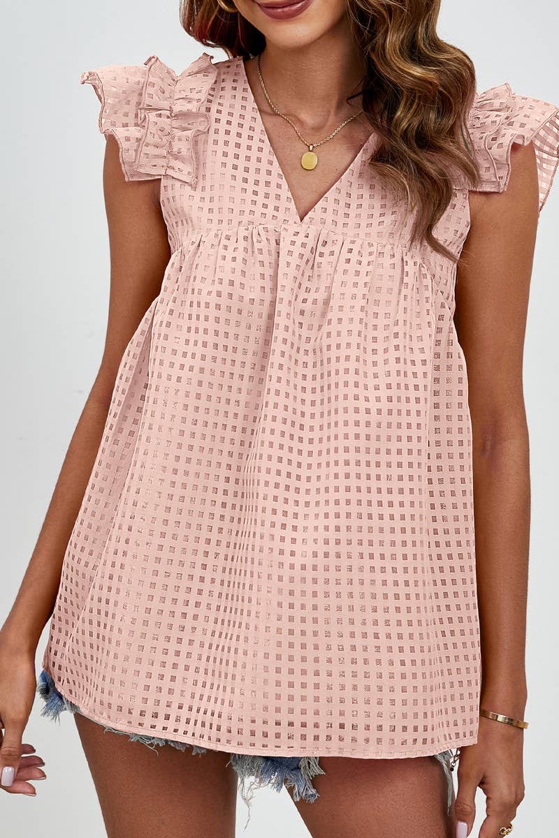 CWTBLSL0704_V-NECK RUFFLE SLEEVES SEMI-SHEER PLAID TOP